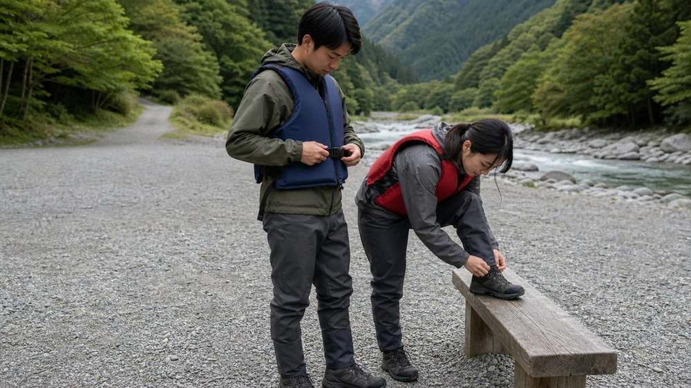 清流へ入る前に救命胴衣とウェーディング装備を確認する二人