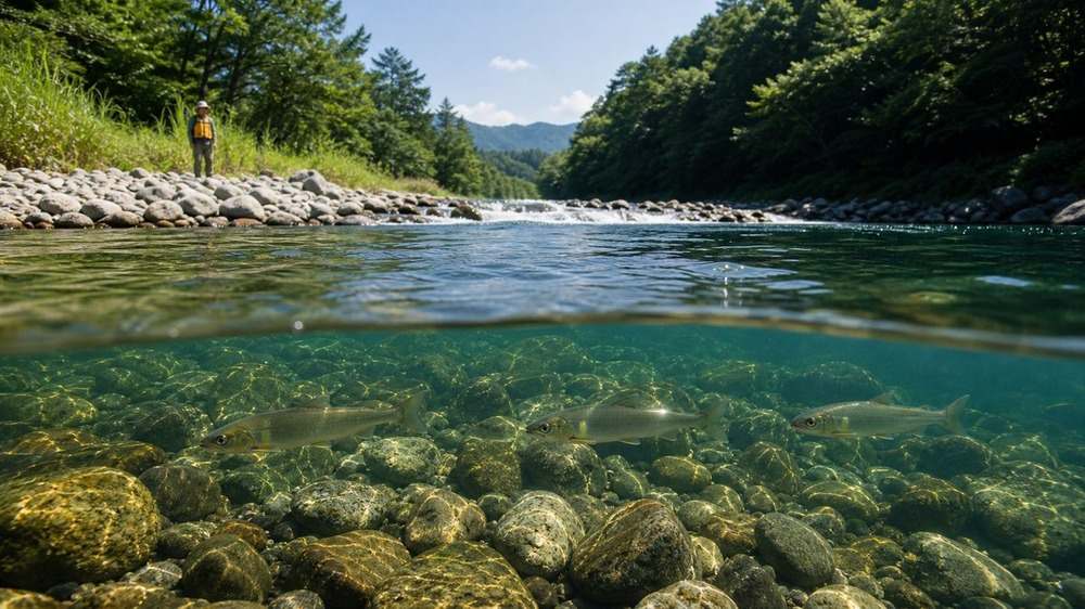 瀬と淵が連続しアユが泳ぐ阿多古川中流の石底