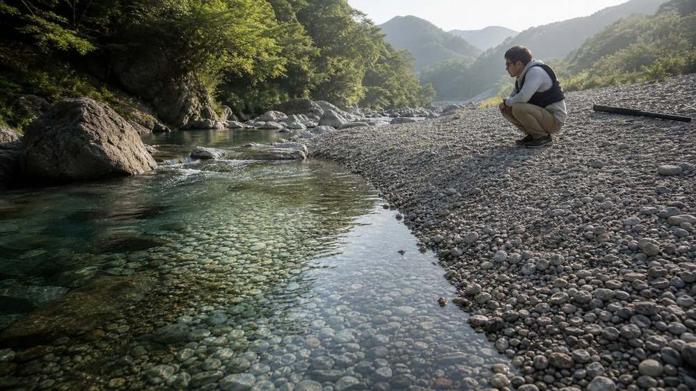 早朝の清流で岸から流れと魚影を静かに観察するアングラー