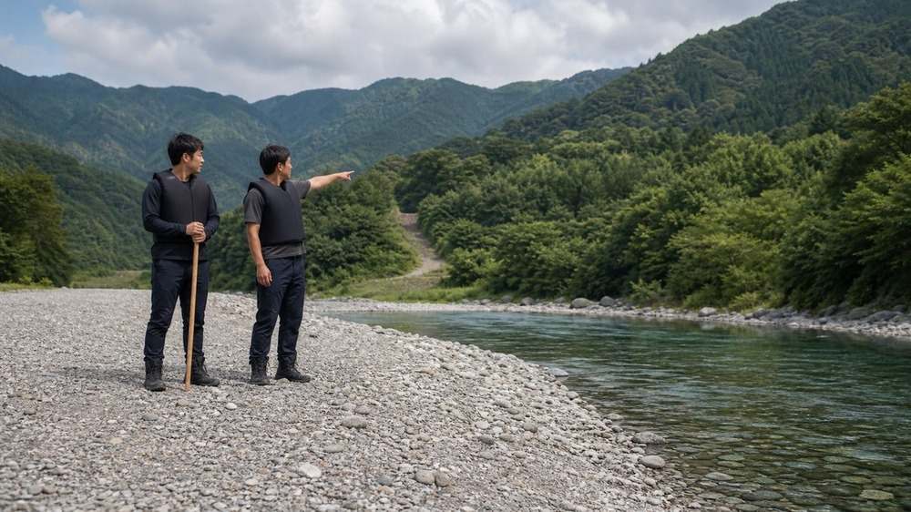 二人で水位と退路を確認し安全な河原を歩くアングラー