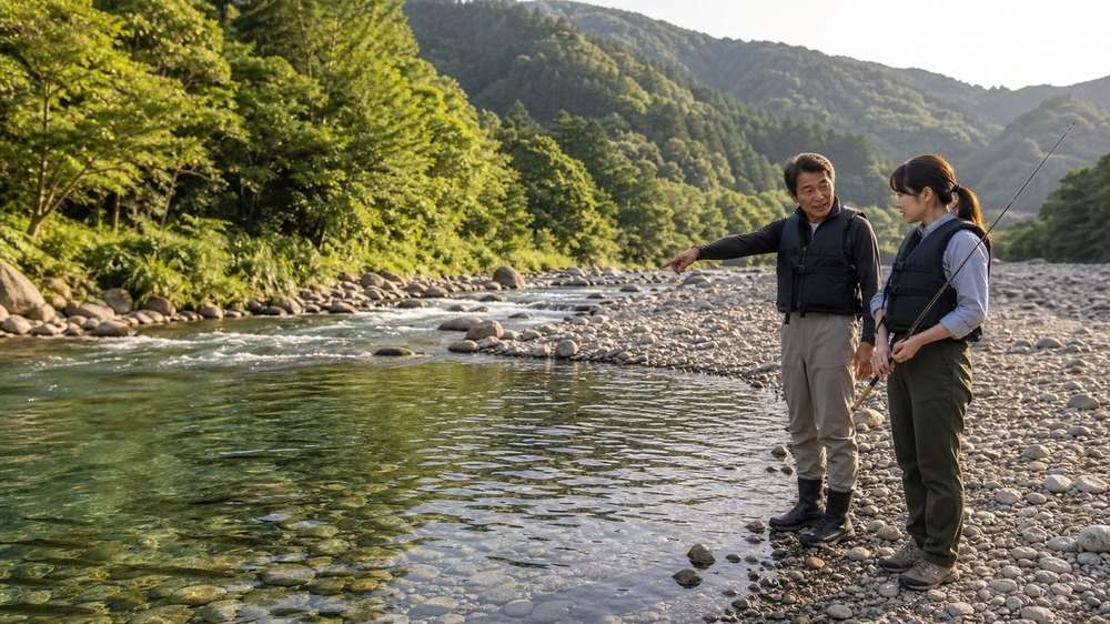 清らかな里川の広い河原で釣りを学ぶ二人の大人