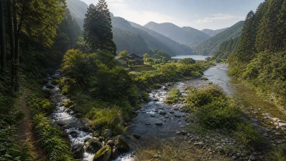 山の源流から里川と大きな支流へつながる天竜川水系の風景