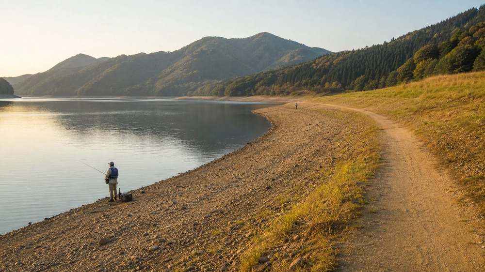 早朝の広い湖畔で十分な間隔を空けて釣るアングラー