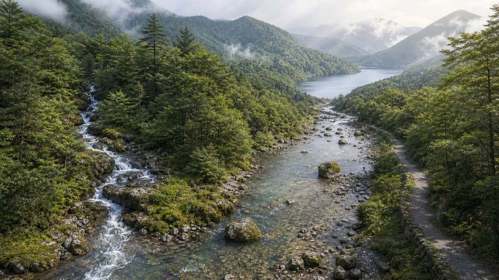 山の渓流から支流とダム湖へつながる天竜川水系の風景