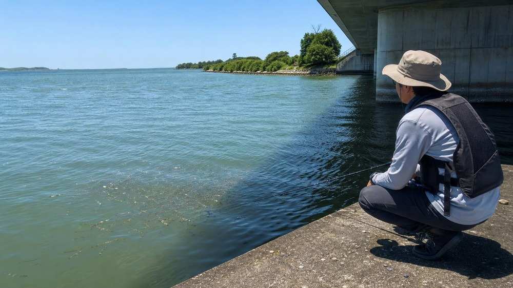 昼の橋陰に集まる小魚と水面の変化を観察するライフジャケット姿のアングラー
