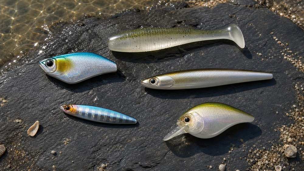 昼のルアー釣りで使い分ける五種類の無地ルアーを並べた写真