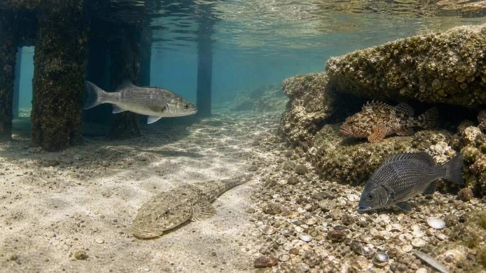 橋陰のスズキ、砂底のマゴチ、岩陰のカサゴ、貝殻底のクロダイを示す水中風景
