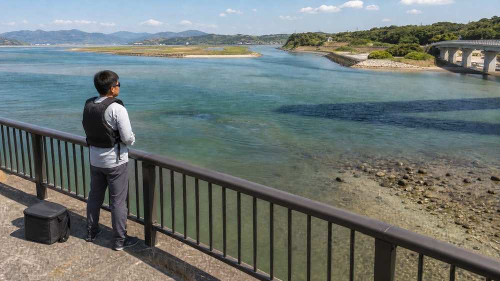 橋の影、潮目、河川流入、岩礁、護岸が一望できる汽水域を安全な柵内から観察する様子