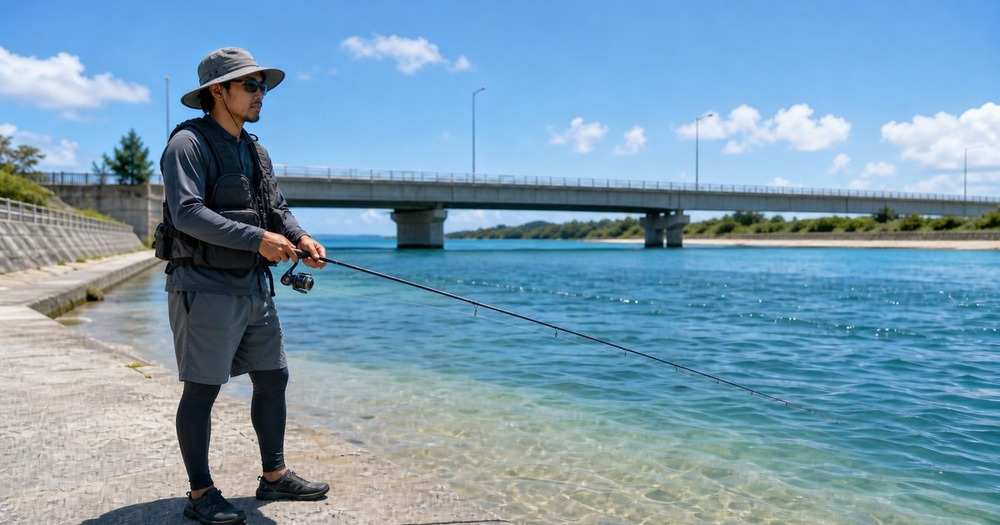 日中の汽水湖で橋の影と潮目を見ながら安全にルアーを引くアングラー