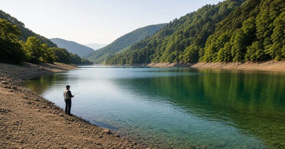 山間のダム湖でライフジャケットを着けて岸釣りをするアングラー