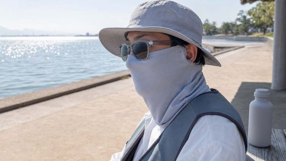 海面の照り返しがある岸辺で顔と首を無地のカバーと帽子で覆う様子
