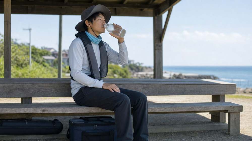 日陰で水分を取りながら無地フェイスカバーの快適な着け心地を整えるアングラー