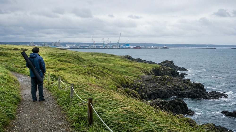 種差海岸を思わせる草原と岩礁海岸から離れた港湾を確認する様子