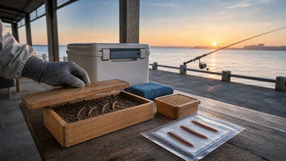 健康な生き餌と保存した塩イソメを次の釣行へ準備する風景