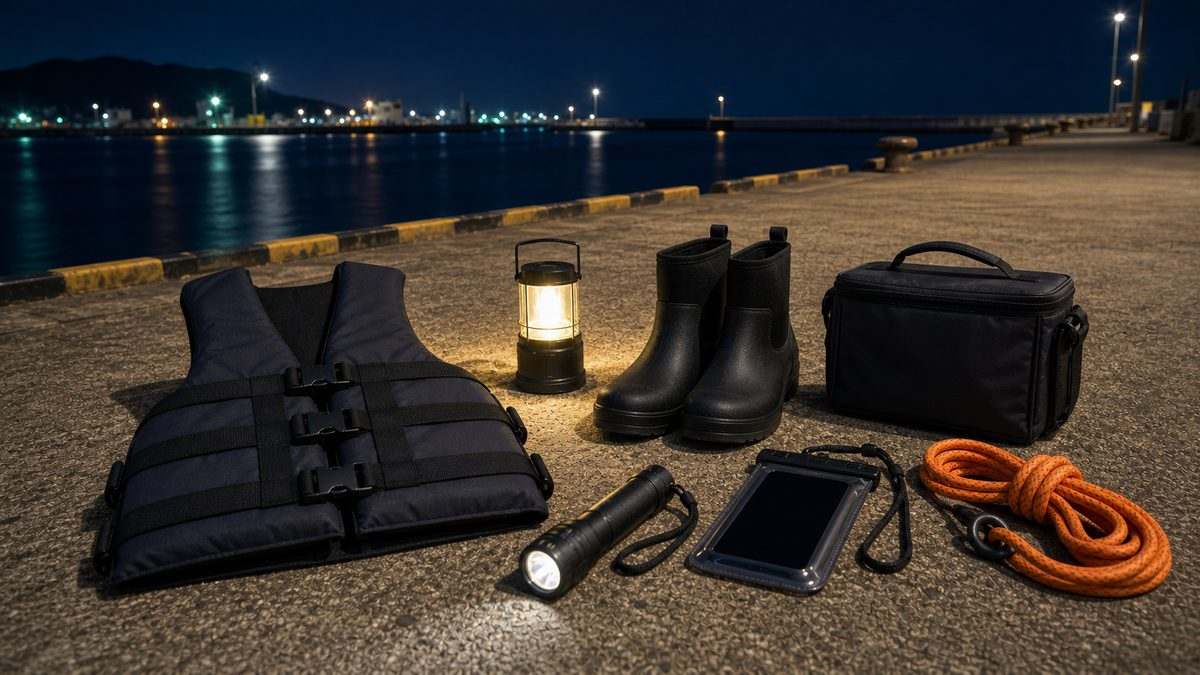 夜釣りの安全対策の要点をまとめた釣り攻略インフォグラフィック