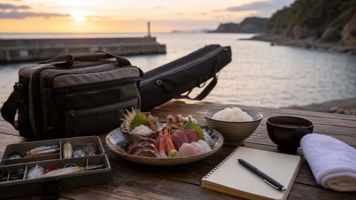 周辺情報(釣具店・食事・温泉)の要点をまとめた釣り攻略インフォグラフィック