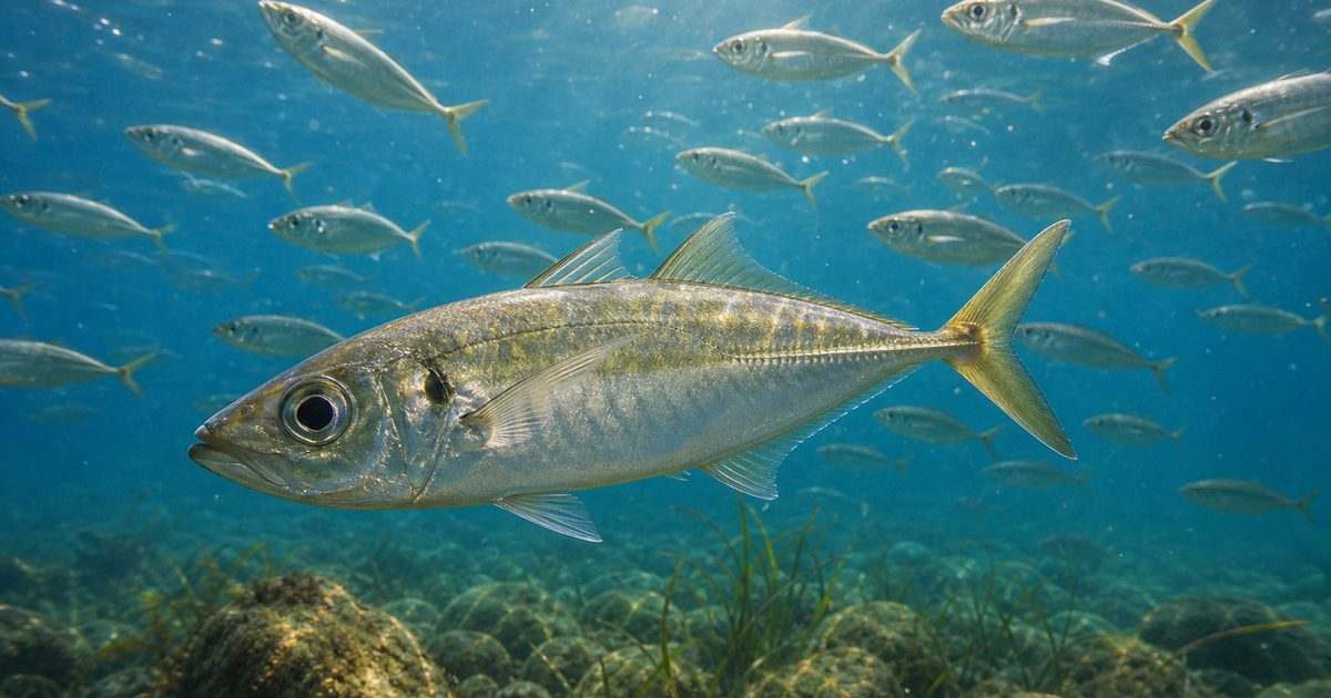 日本沿岸の海中を泳ぐマアジの成魚と自然な群れ