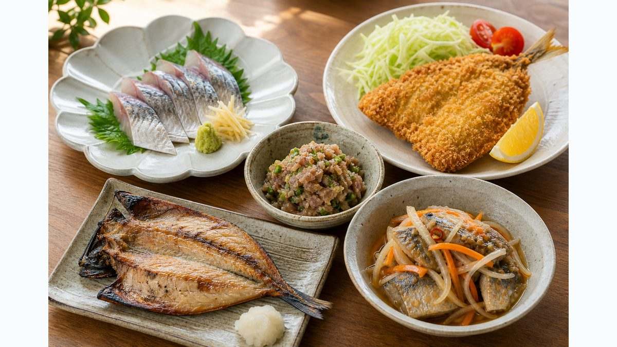 アジの旬と料理｜刺身・なめろう・アジフライ・干物・南蛮漬けの要点をまとめた釣り攻略インフォグラフィック