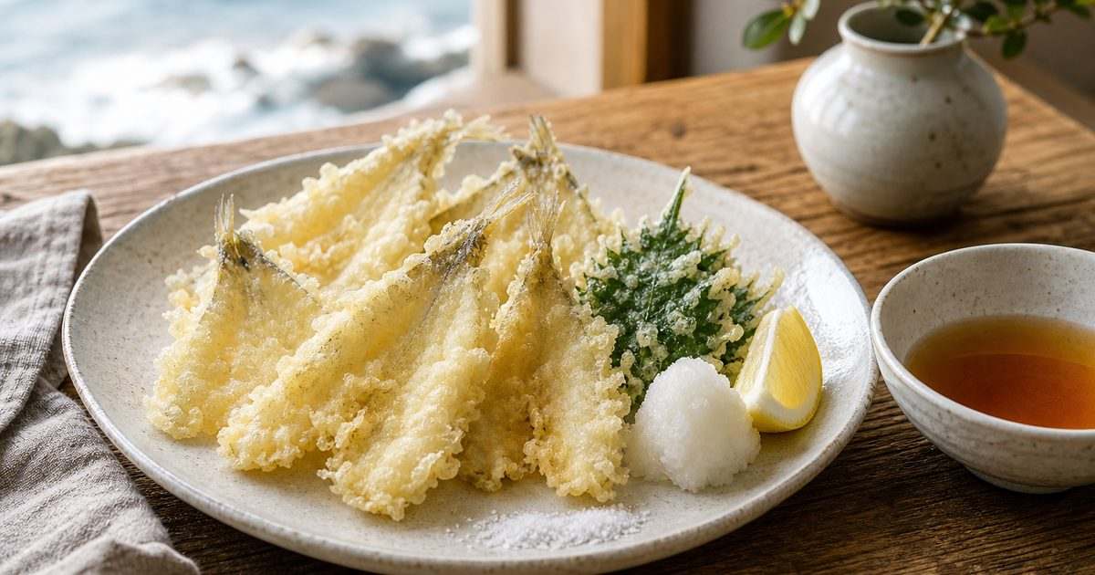 薄衣で揚げたキスの天ぷらを大葉、天つゆ、大根おろし、レモン、塩と盛り付けた食卓