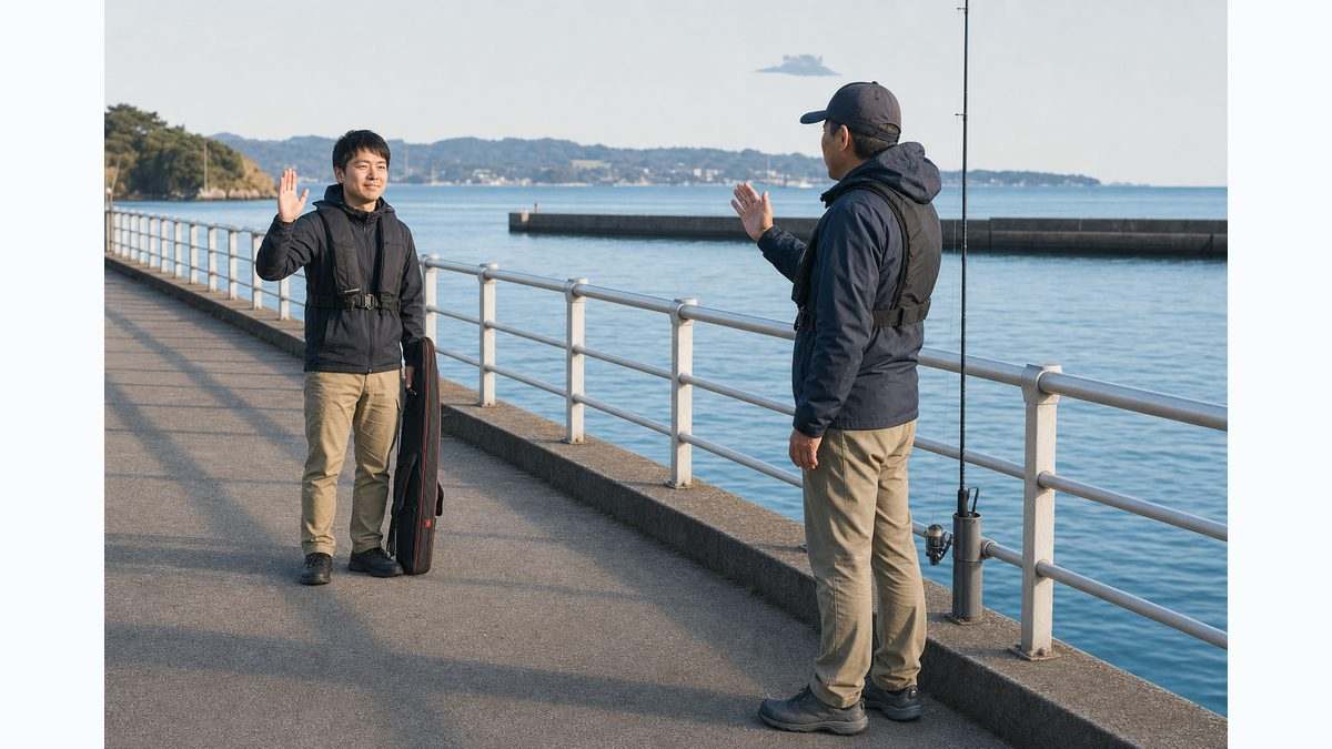 後から入る釣り人が先行者へ離れた位置から挨拶する様子