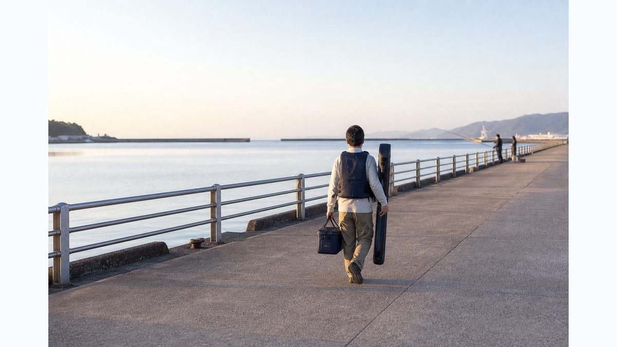 混雑を避けた静かな時間帯に空いた釣り座へ向かう人
