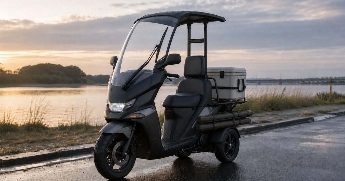 湖畔に停めた釣り仕様の屋根付き三輪スクーター。後部にクーラーボックスとロッドケースを安全に固定している