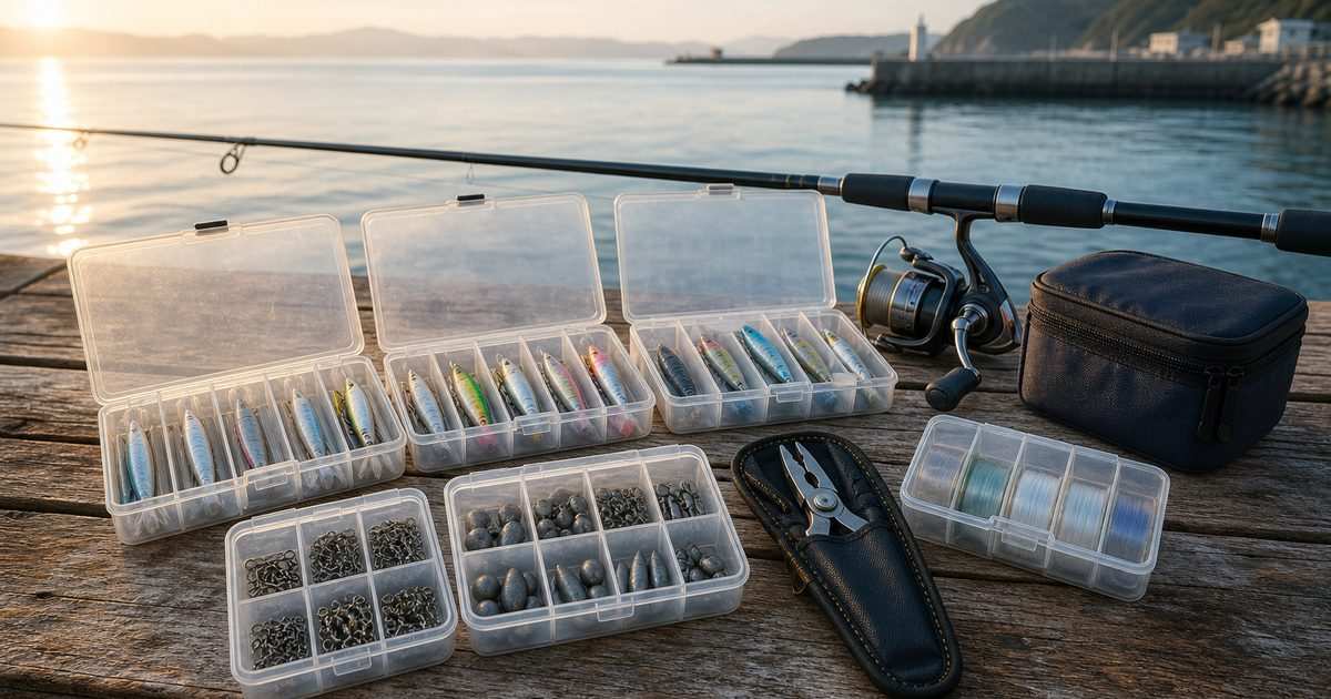 海辺の作業台に種類別で整然と収納された釣り具