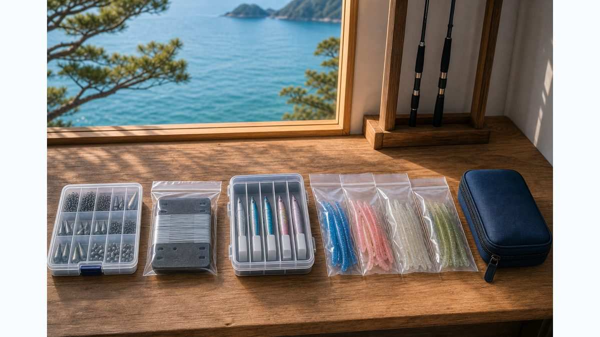 小物ケースと仕掛け巻きとルアーケースとワーム袋の収納例