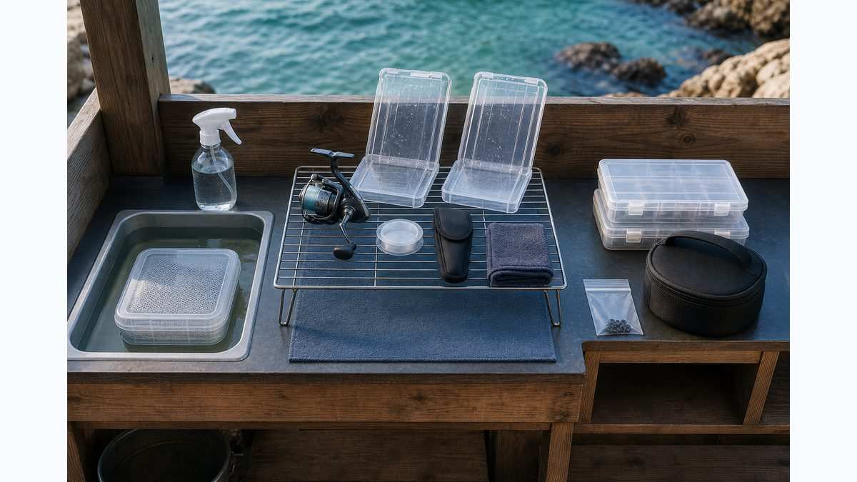 釣り具を真水で洗い十分に乾燥させて収納へ戻す流れ
