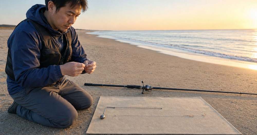夜明けの砂浜で固定式L型天秤と2本針のキス仕掛けを点検するアングラー