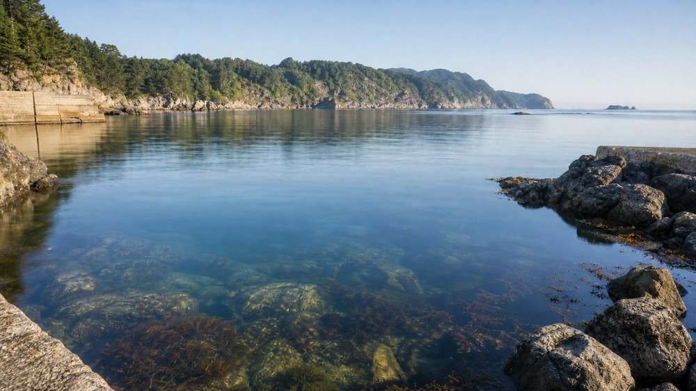 宮古湾の穏やかな港内と重茂半島の岩礁を望む海景