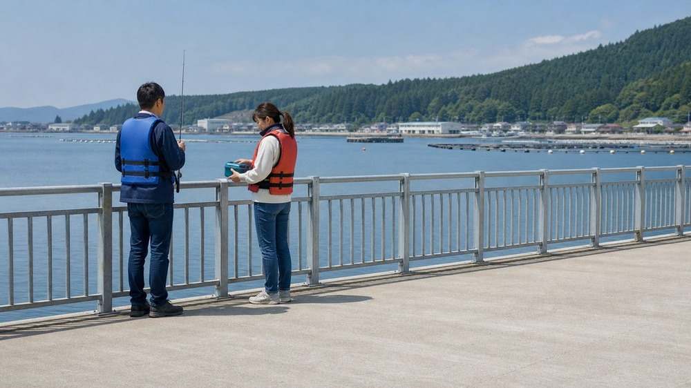 柵のある穏やかな陸奥湾の釣り施設で安全に準備する入門者