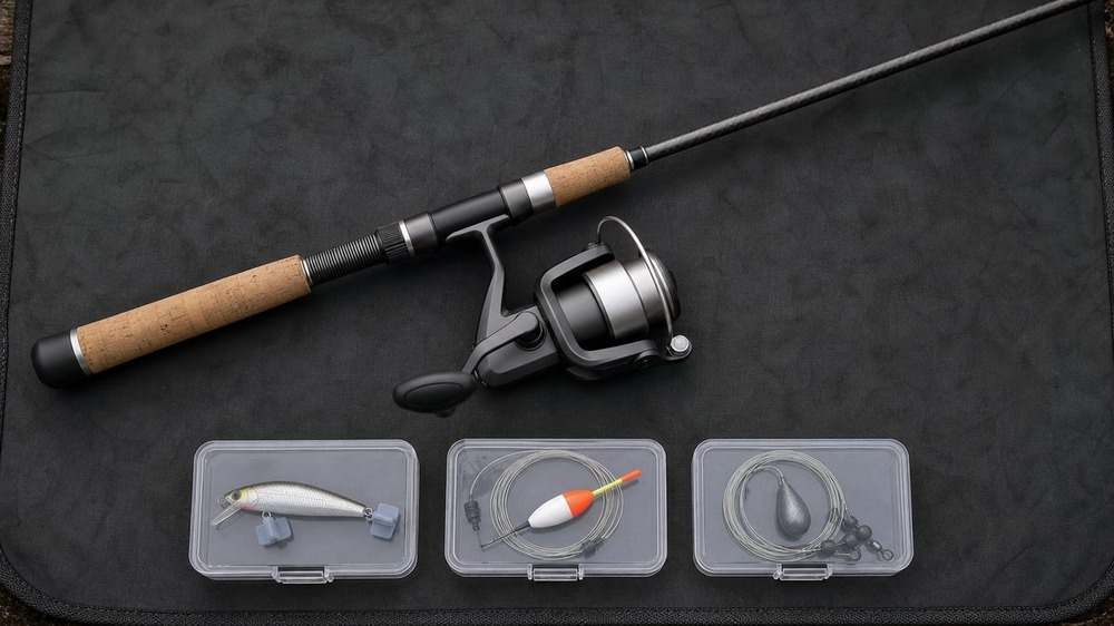河口のルアー釣りと軽いエサ釣りとちょい投げ用の道具を安全に整理した様子