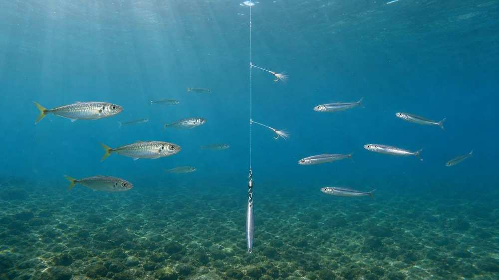 メタルジグ上の二本の擬似バリへ小型回遊魚が寄るジグサビキの水中構造