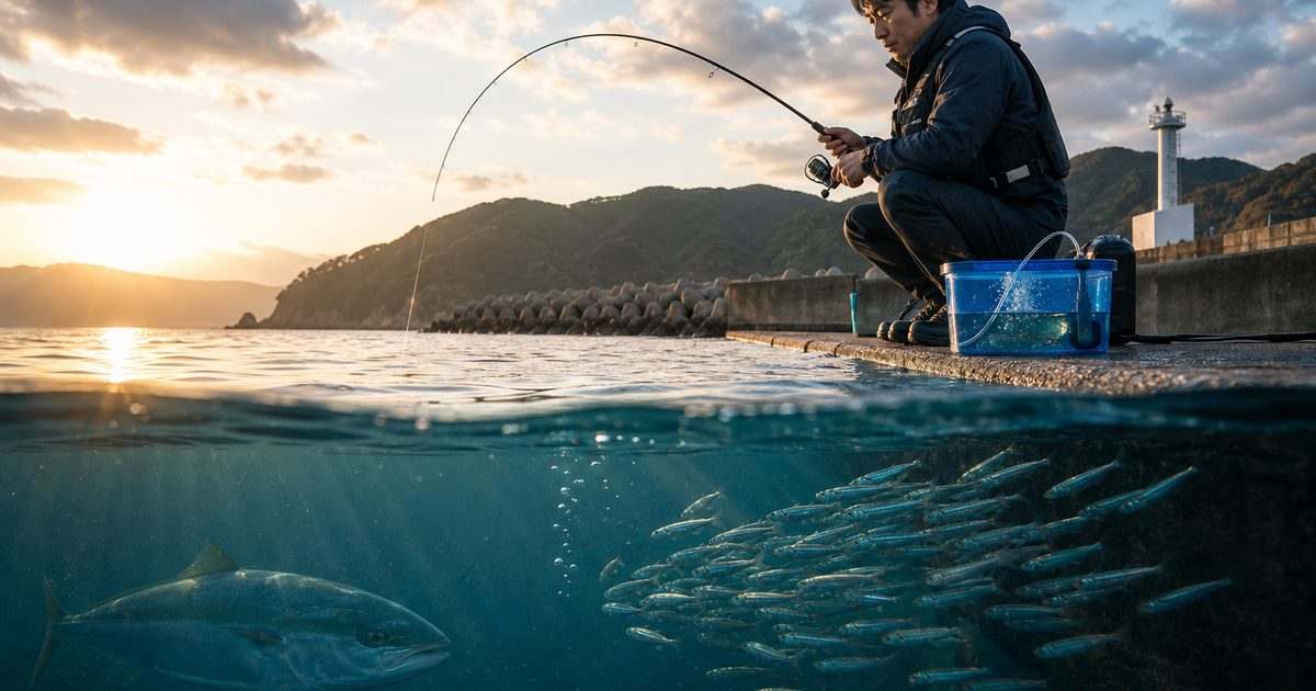 泳がせ釣り（ノマセ釣り）の仕組みと大型魚を狙うイメージ