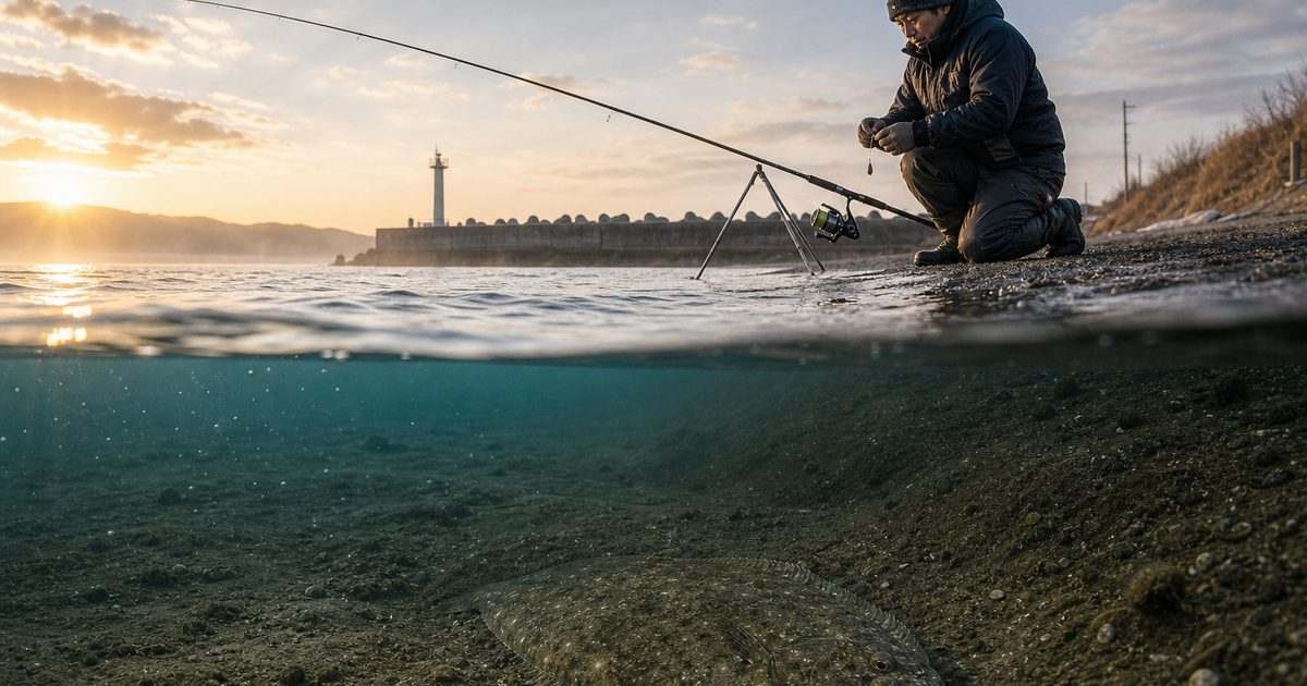 冬のカレイ釣りで砂泥底と朝マズメを狙うイメージ