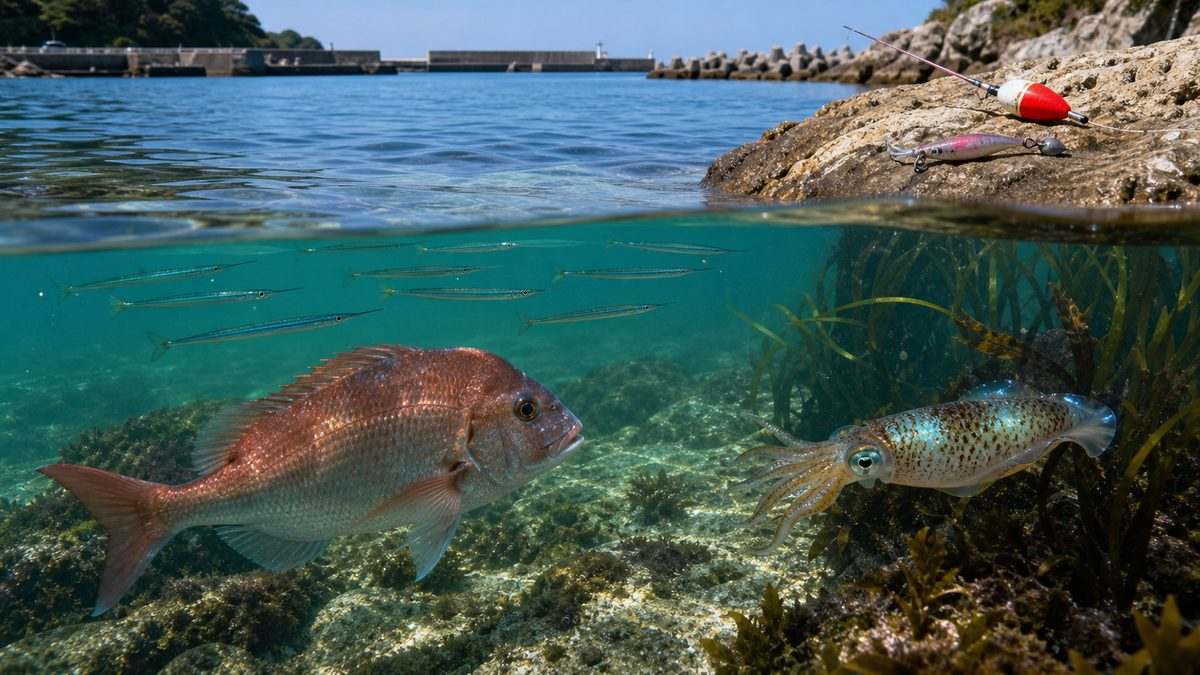 4月に釣れる魚と狙い方——マダイ乗っ込み・サヨリ・アオリイカの要点をまとめた釣り攻略インフォグラフィック