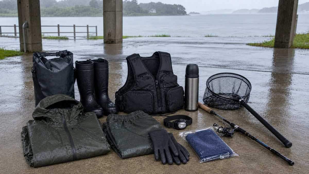 雨の日釣行の装備チェックリストの要点をまとめた釣り攻略インフォグラフィック