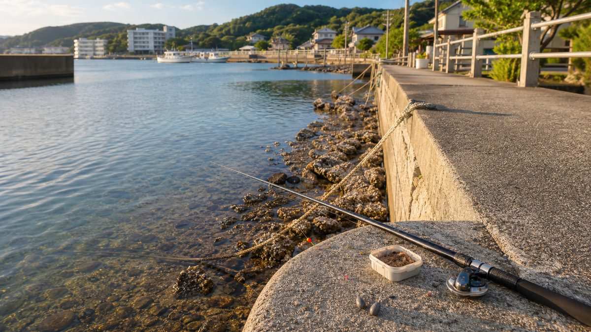 ポイント①：舘山寺港護岸〜舘山寺園地前の要点をまとめた釣り攻略インフォグラフィック