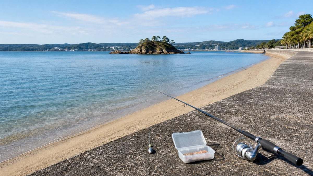 ポイント⑤：舘山寺サンビーチ〜弁財天前護岸の要点をまとめた釣り攻略インフォグラフィック
