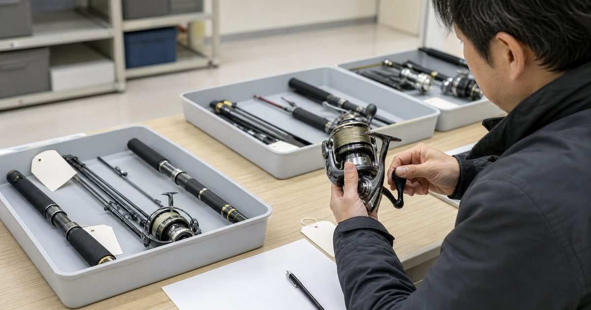 官公庁オークションの下見会で中古釣具を丁寧に確認する様子