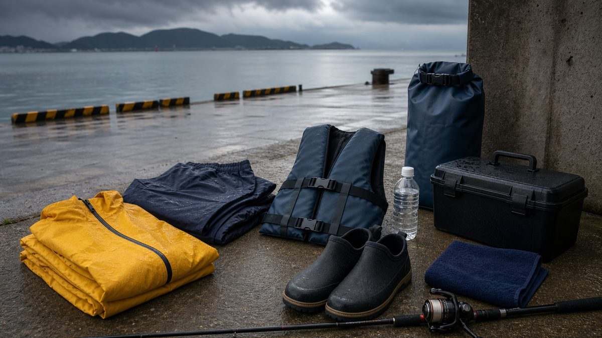 梅雨の雨釣りで知っておくべき安全と装備の要点をまとめた釣り攻略インフォグラフィック