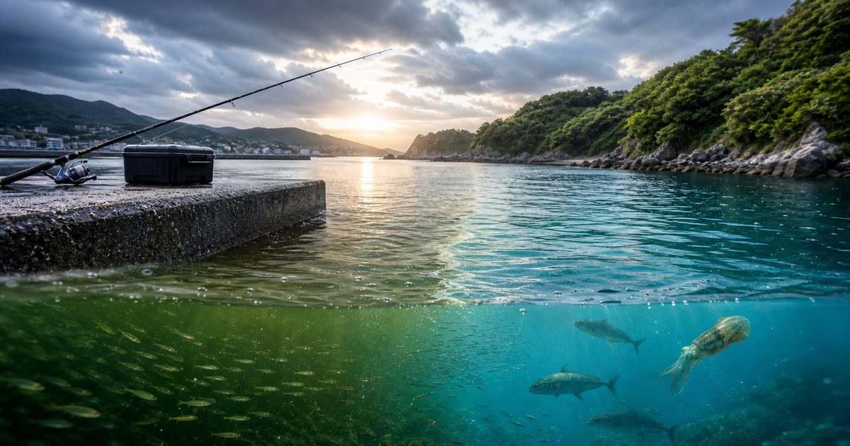梅雨の海釣りで魚が釣れやすくなる理由を表す海辺のアイキャッチ画像