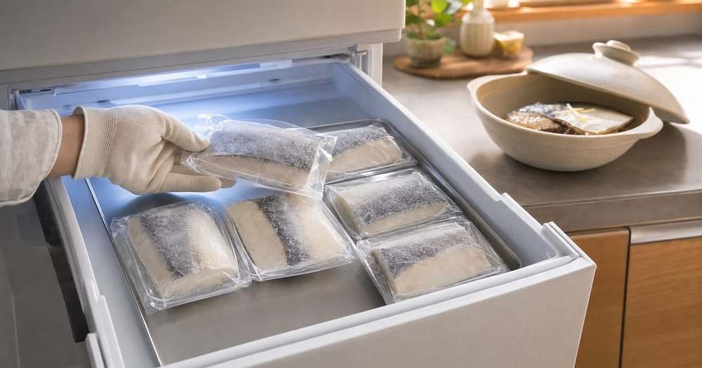 一食分ずつ小分け冷凍した魚から必要な一袋を取り出す様子
