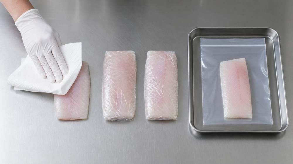 魚の切り身を一食分ずつ密着包装して金属トレーに並べる手順