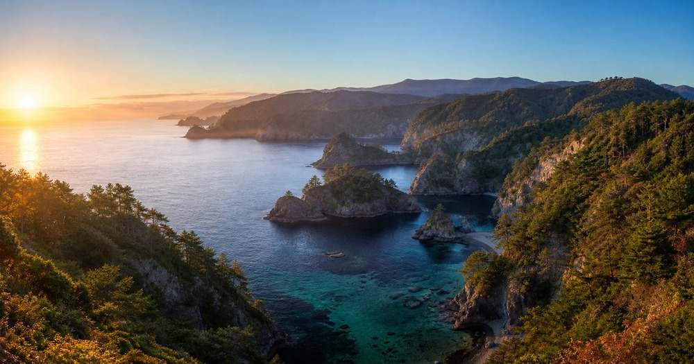 朝焼けの三陸リアス海岸と入り組んだ湾の岩礁景観