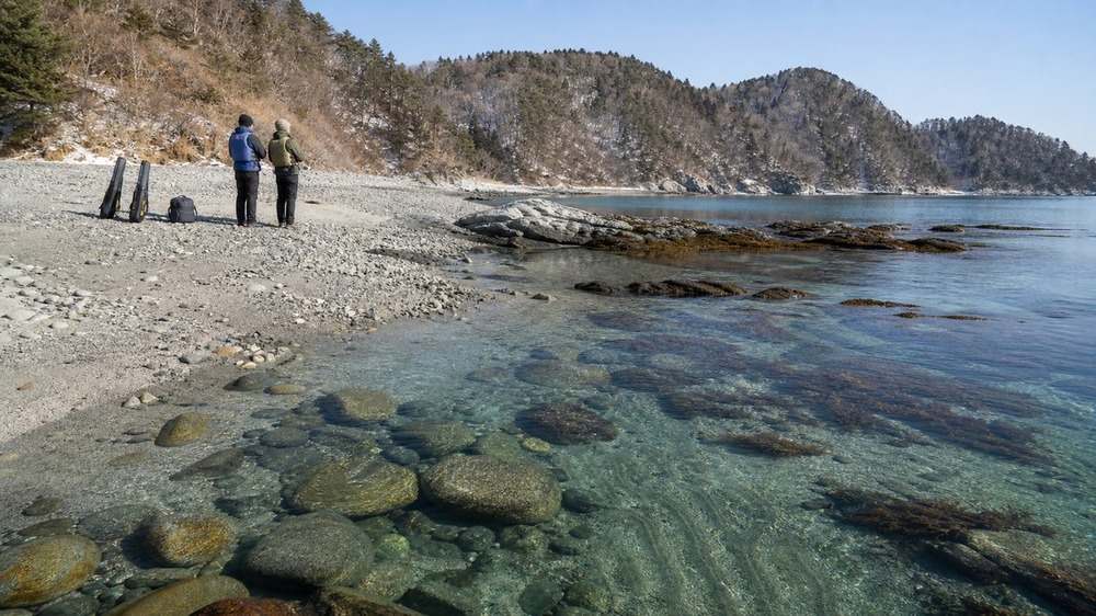 砂浜と岩礁が隣接する下北半島の寒冷な海岸を確認する遠征アングラー