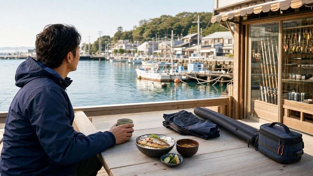 朝の釣り後に沼津の港を眺めながら魚料理を楽しむ釣り人