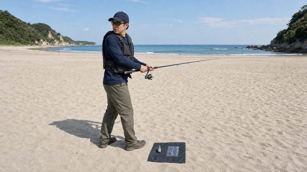投げ釣りのキャスト前に空いた砂浜の後方と左右を確認するアングラー
