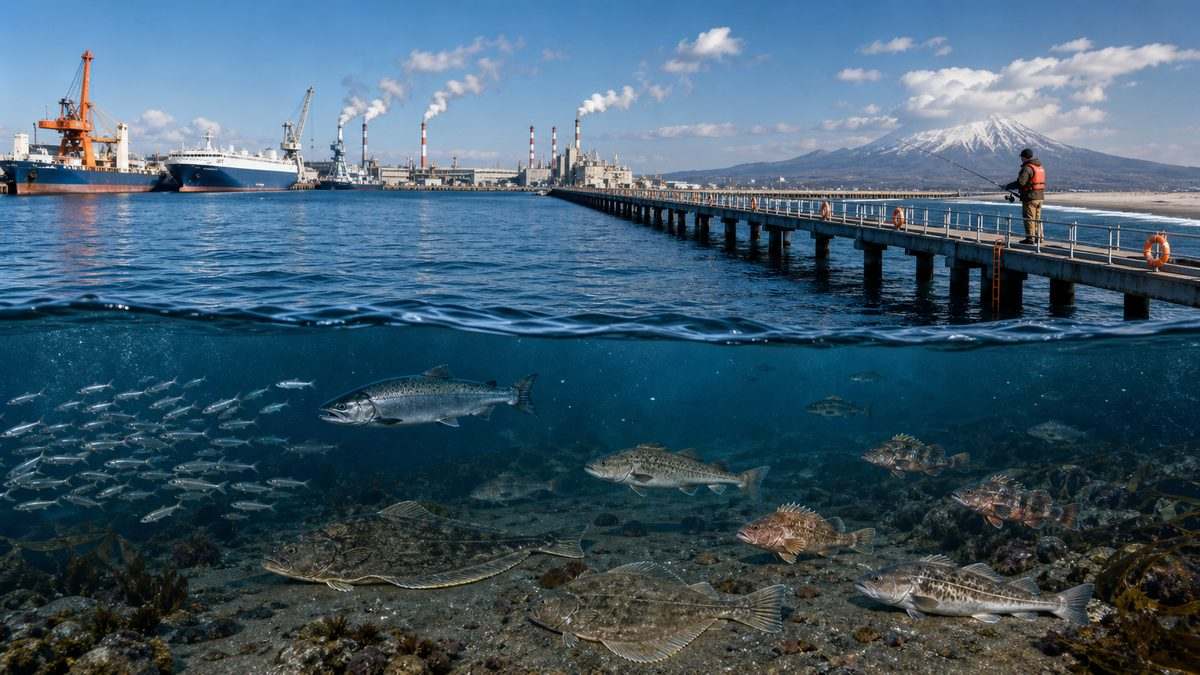 苫小牧の工業港・海釣り施設・砂浜と北の魚を示す水中断面